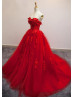 Red Lace Tulle Strapless Corset Back Long Wedding Dress